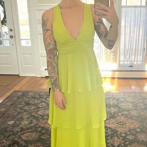 Lulus Celebration Time Lime Green V-Neck Sleeveless Tiered Midi Dress